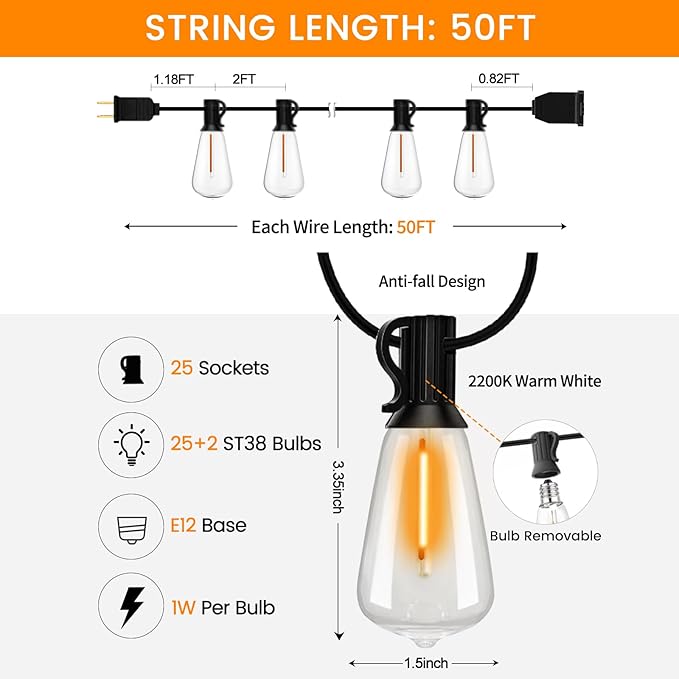 LED Outdoor String Lights 50ft ST38 Waterproof Patio Lights with 25 Vintage Shatterproof Bulbs(2 Spare), Dimmable Outside Hanging Edison String Lights for Backyard Porch Balcony Decor, Warm White
