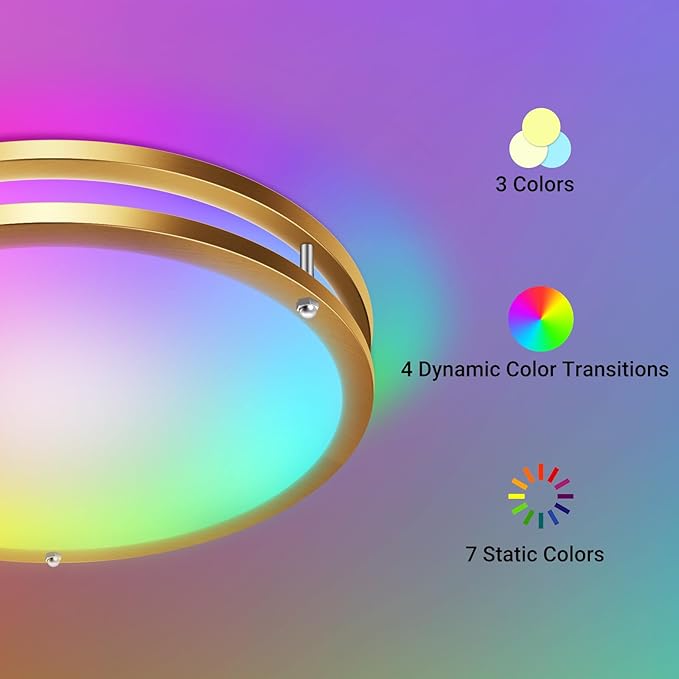 libtit 13 Inch RGB Flush Mount Ceiling Lights with Remote, 24W 5CCT 3000K-6500K&Dimmable, LED Light Fixture with Nightlight and Timer for Bedroom Livingroom Bathroom-Gold