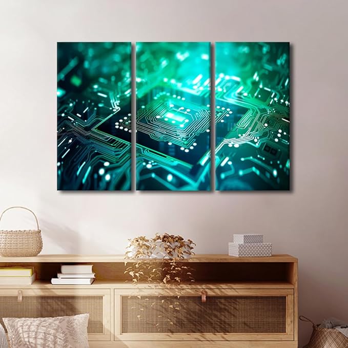 TUMOVO Semiconductor Chip Wall Art Canvas Prints Wall Art Chip Wall Decor 3 Pieces Canvas Wall Art Circuit Board Painting Room Wall Decor Modern Artwork Stretched and Framed Ready to Hang, 60" Wx40 H