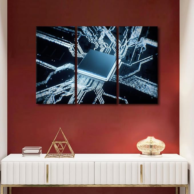TUMOVO 3 Pieces Wall Art Home Decor Semiconductor Chip Canvas Print Circuit Boards Paintings Chip Pictures Prints on Canvas Stretched and Framed Ready to Hang Posters and Prints, 42" Wx28 H
