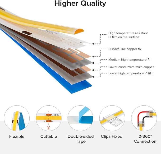 COB LED Strip Lights 16.4FT DC12V Warm White 2700K Dimmable Flexible Uniform Adhesive 480LEDs/m COB Strips for DIY Home Decor Shelf Cabinet, No Adapter/Controller