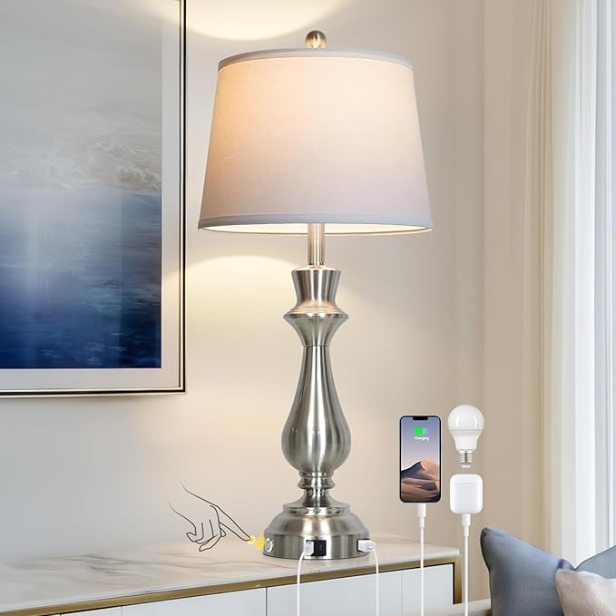 Silver Touch Lamps for Night Stand - 29.5" Tall Bedside Lamp with USB C+A, 3 Way Dimmable Bedroom Lamps, Brushed Nickel Table Lamps for Living Room,Single Silver