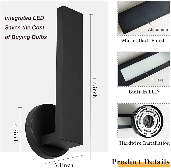 Aluminum LED 18W Modern Wall Sconces Set of 2 Matte Black Waterproof Sconce Wall Lighting Indoor Outdoor Hardwired Wall Lights for Office,Porch, Bedroom, Bathroom, Living Room,Stairway