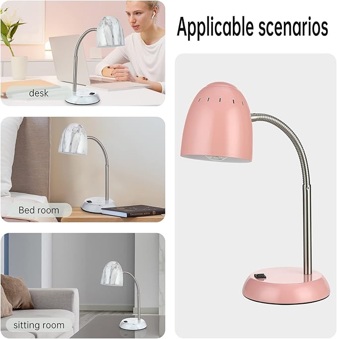 Eye-Caring Table Lamp of Simple Designs Home E26 Led Screw Basic Metal Desk Lamp with Flexible Gooseneck Hose Neck Study Lamp for Bedroom Office Living Room Convenient On/Off Switch(Pink)