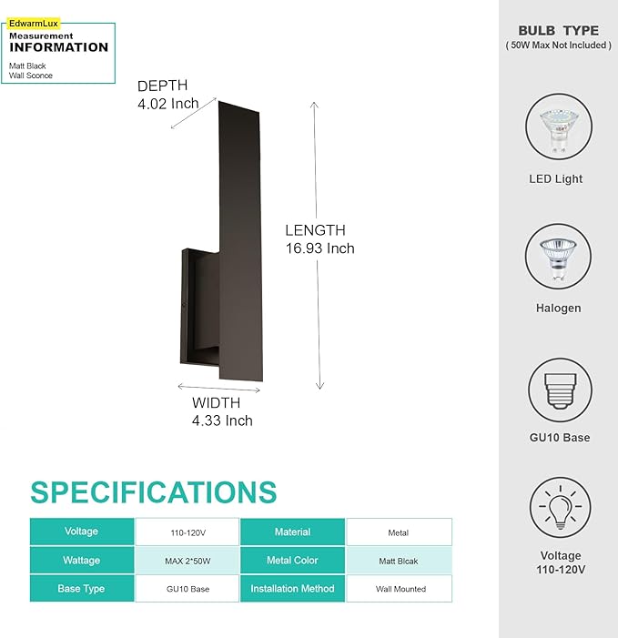 Indoor Wall Sconces, Modern Wall Lights, Up and Down Wall Mount Light, Dimmable Hardwired Wall Light for Bedroom, Living Room, Hallway, GU10 Bulbs Excluded, 2 Pack (Matt Black)