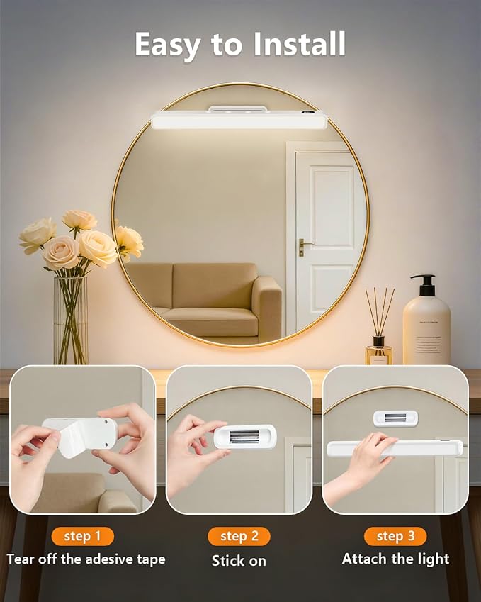 WILLED 3W Rechargeable Vanity Lights for Mirror with Remote Control，Eye-Friendly Mirror Lights Stick on,Adjustable Color Temperatures Makeup Light with Battery Display for Bedroom, Bathroom(2 Pack)