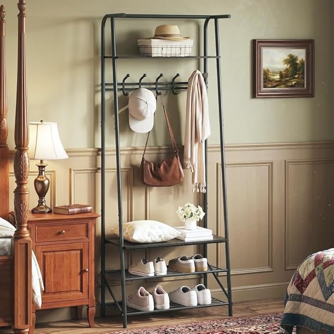 OUTLANE Entryway Hall Tree with 5 Hooks, Shoe Bench & Storage Shelf, Coat Rack Organizer with Wood Accents and Metal Frame for Entryway, Living Room, Bedroom, Black-Single row