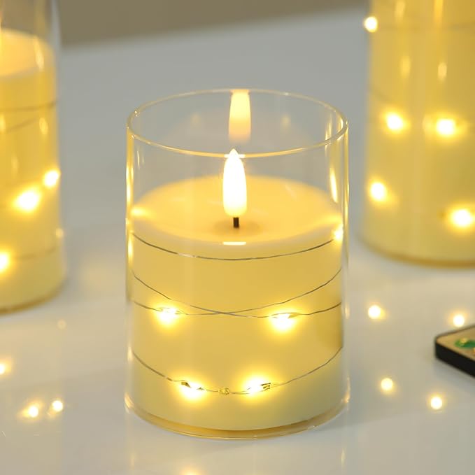Flameless Candles, Battery Operated LED Candles with Remote and Timer Flickering Flameless Candle for Romantic Ambiance and Home Halloween Decor Durable Acrylic Shell with Embedded Star String