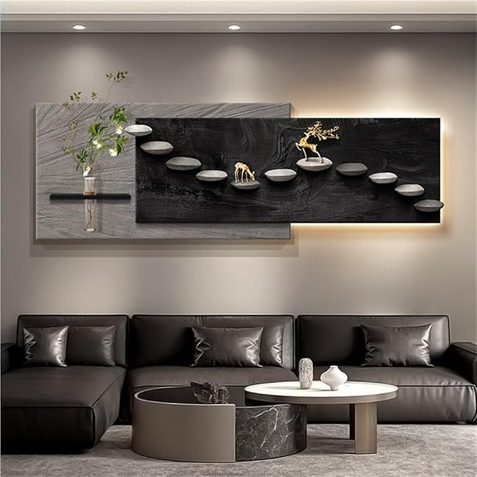 3D Sandstone Texture LED Wall Art with Vase, Plug-in Auspicious Modern Meditation Wall Hanging Sculpture, Minimalism Artwork Decor for Living Room Bedroom Meditation Space(C,120x40cm)