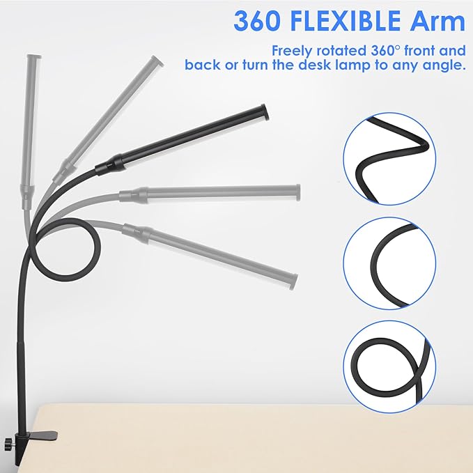 ShineTech LED Desk Lamp with Clamp, Clip On Desk Lamp for Home Office, 5000K Daylight White & Stepless Dimming, Flexible Gooseneck Architect Desk Light, Eye Caring Reading Lamp with USB Adapter