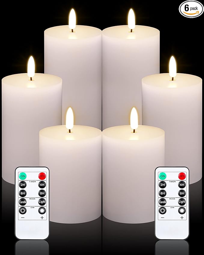 Leelosp 6 Pack Flameless Candles with Remote Timer, Battery Operated Flickering Flameless Candles Bulk Flat Top Pillar LED for Wedding Festival Outdoor Home Decor D 3'' H 4'' 5'' 6''(White)