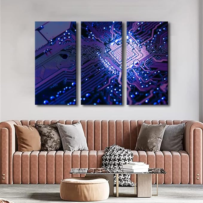 3 Pieces Canvas Wall Art Motherboard Digital Chip Computer Processors CPU Poster Wall Art Bathroom Artwork Decor Circuit Board Print on Canvas Stretched and Framed Ready to Hang (28" Wx42 H)