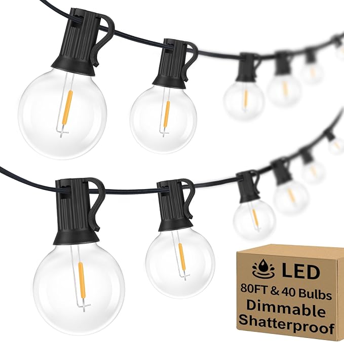 Bosceos 80FT Outdoor G40 LED Globe String Lights Dimmable Waterproof Shatterproof Light Strings with 40 Bulbs Connectable Commercial Hanging Lights for Christmas Patio House Backyard Balcony Party