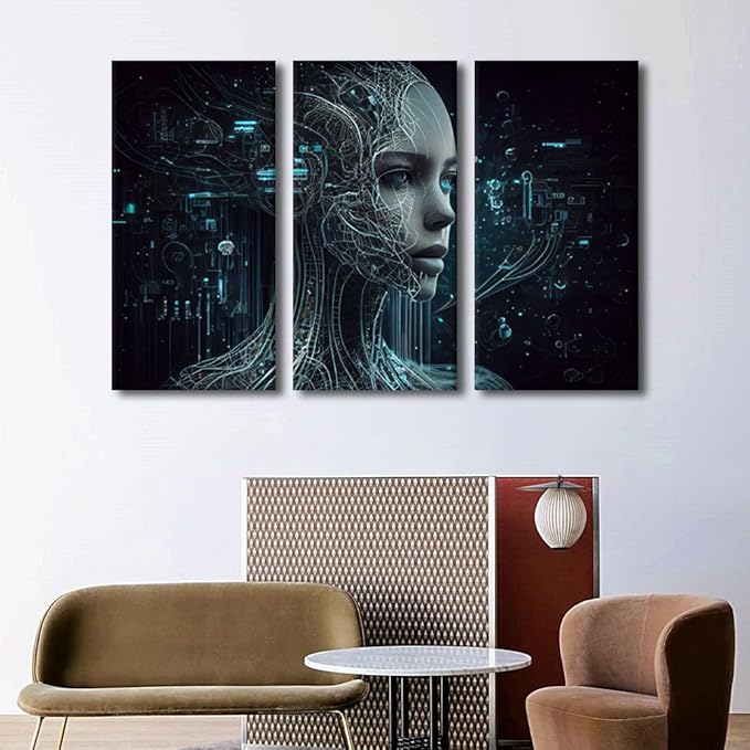 3 Pieces Colorful Canvas Wall Art Future Technology Posters Artificial intelligence Canvas Print Kit for Home Office Wall Decoration Wooden Framed Gallery-Wrapped Ready to Hang, 42" Wx28 H