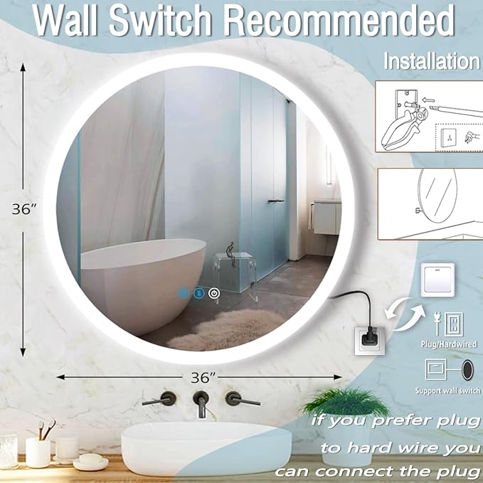 36 Inch Backlit Round Mirror with Lights 3 Color Adjustable Brightness AntiFog Frameless 36" Round Circle Lighted Vanity Mirror for Bathroom Wall Circle Rounds Light up Smart Mirrors