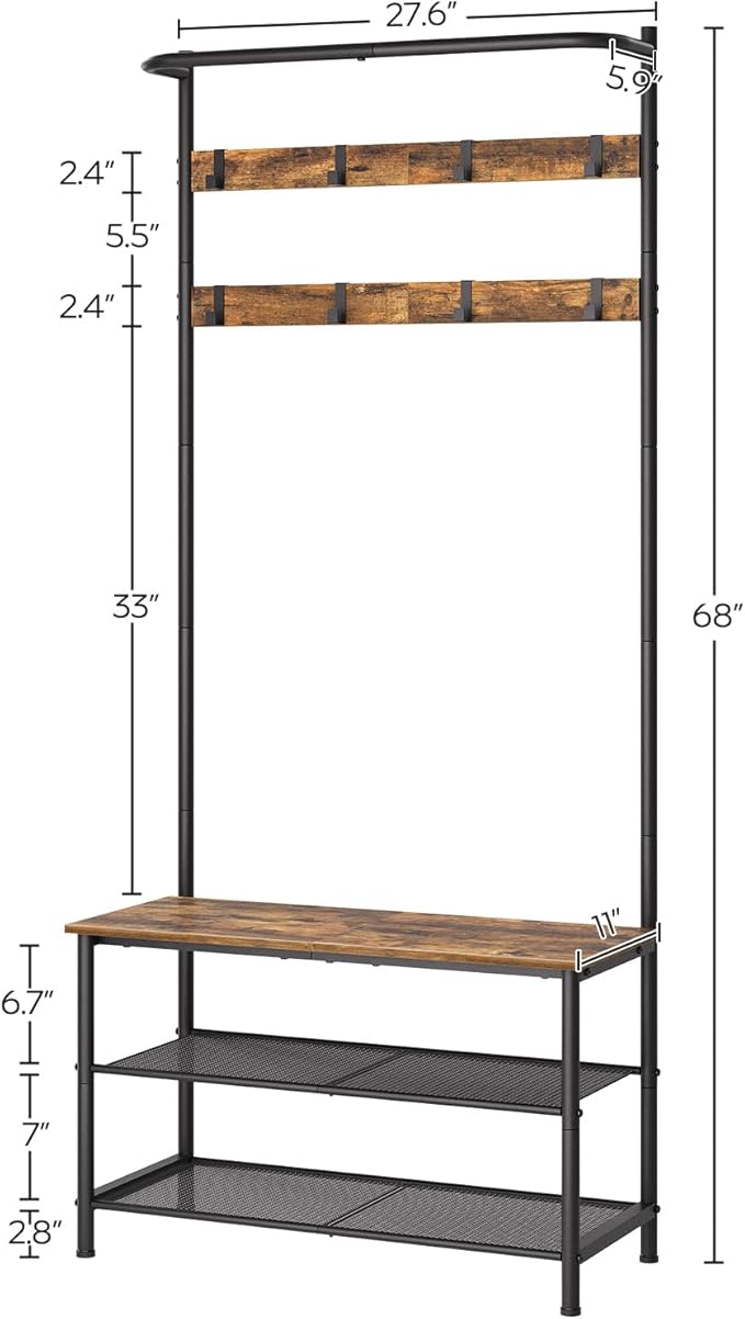 Hall Tree, Coat Rack with Shoe Bench, 4-in-1 Entryway Bench with Storage Shelves, Hanging Rod and 8 Movable Hooks, Hall Tree with Storage Bench for Hallway, Rustic Brown and Black MT02BR