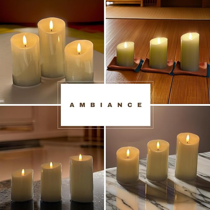 Rechargeable Flameless Candles Set of 3 | Real Wax LED Pillar Candles with Remote & Timer | Realistic Flickering Flame | Battery Operated | for Thanksgiving, Holiday, Halloween Decoration & Gift