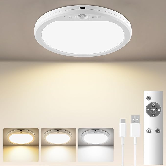 Meliya Rechargeable Motion Sensor Ceiling Light with Remote, 3000K 4000K 6500K Magnetic No Wiring LED Ceiling Light Battery Powered for Shower Stairs Hallway Porch Pantry Garage Patio Shed