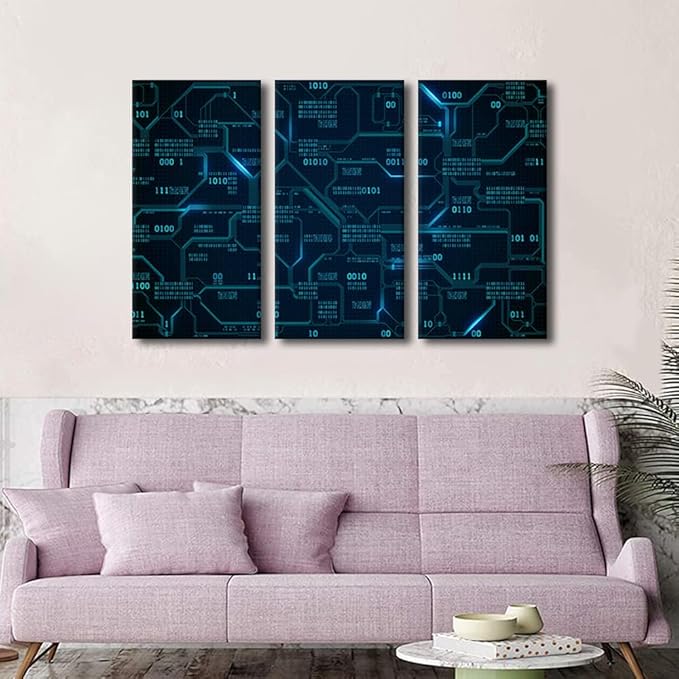 3 Pieces Canvas Wall Art Print Computer Chip Wall Art for Bedroom Circuit Board Wall Decor Art Paintings CPU Concept Modern Giclee Artwork for Office Home Decor Framed Ready to Hang(24"Wx36"H)