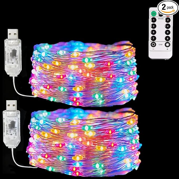 USB Fairy Lights Plug in, 33 Feet 100 LED Twinkle String Lights with Remote and Timer, Waterproof 8 Modes for Bedroom Indoor Wreath DIY Party Wedding Christmas Holiday Decoration(2 Pack Multicolor)