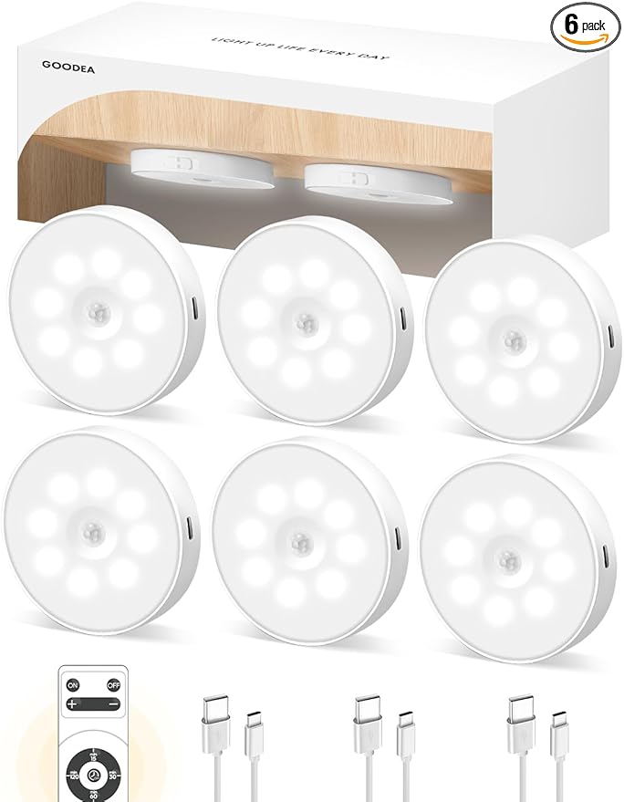 Led Under Cabinet Lighting, Motion Sensor Light Indoor, 1000mAh Puck Lights with IR Remote, Rechargeable Under Counter Lights for Kitchen,Cabinets,Closet,Stairs Indoor (6 Pack)