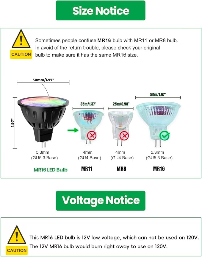 Upgraded Smart WiFi MR16 LED Bulbs Dimmable, RGBW MR16 LED Bulb Color Changing, GU5.3 Bi-pin Base, Multicolor CCT Tunable, Memory Function, Music Sync for 12V Low Voltage Spotlight 4-Pack