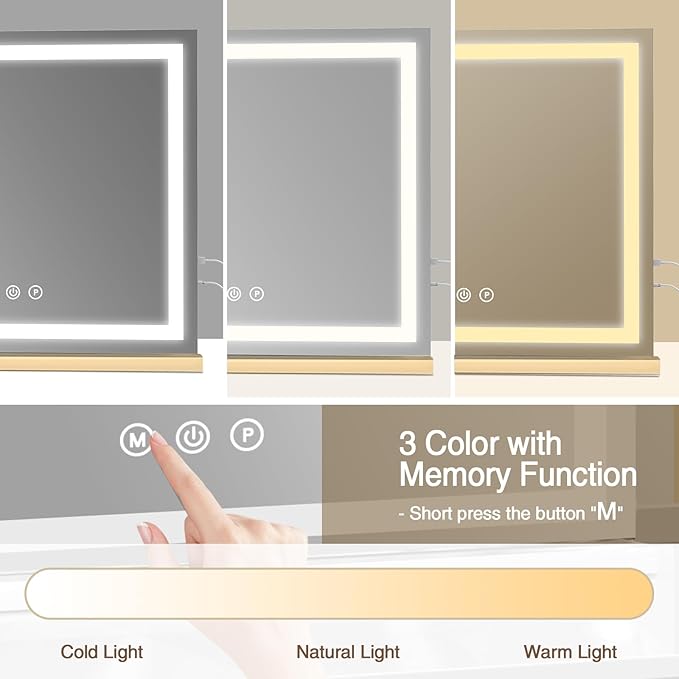 Vanity Mirror with Lights, 31.5" x 23.6" Large Makeup Mirror with LED Lights, Smart Touch Dimmable 3-Color Light, Memory Function, USB Charging Port
