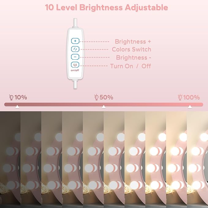 LED Vanity Lights For Mirror, Pink Vanity Light Stick on with 10 Dimmable Bulbs, 3000K 4000K 6500K & 10 Level Brightness Adjustable USB Cable Hollywood Mirror Lights for Makeup Dressing Room Bathroom