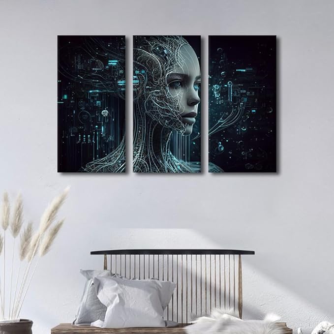 TUMOVO AI Wall Decor 3 Pieces Canvas Wall Art Colorful Future Technology Pictures for Home Decor Paintings Artificial intelligence Female Robot Prints and Poster Framed Ready to Hang, 36" Wx24 H