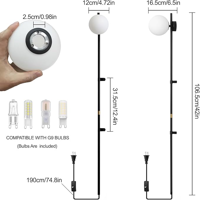 Modern Plug in Wall Sconce Globe Shade Indoor Wall Light, LED Wall Mounted Lamp with Plug in Switch, Wall Lamp for Bedroom Living Room Study Hallway Bedside etc.
