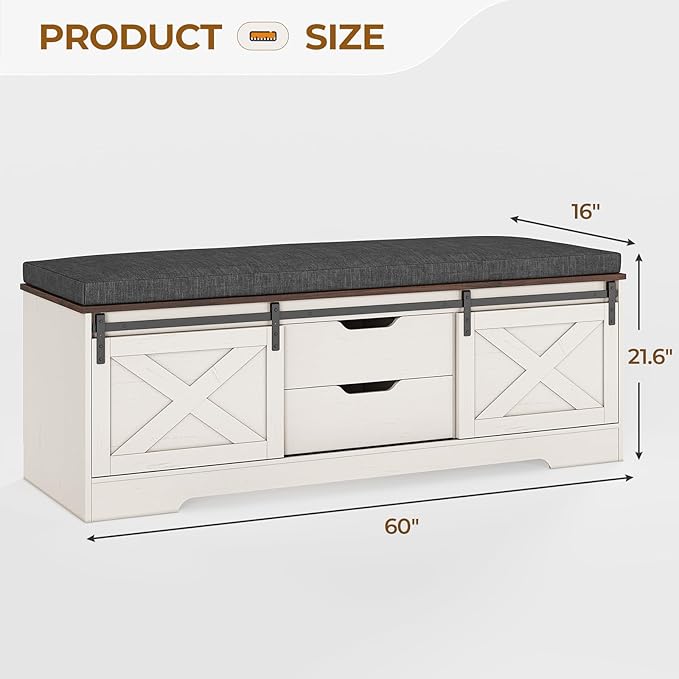60“ Farmhouse Storage Bench with Cushion, Shoe Rack with Slide Barn Doors, Adjustable Shelf and 2 Drawer for Entry, Bedroom, Closet, Living Room, Hallway (White Brown, 60 in)