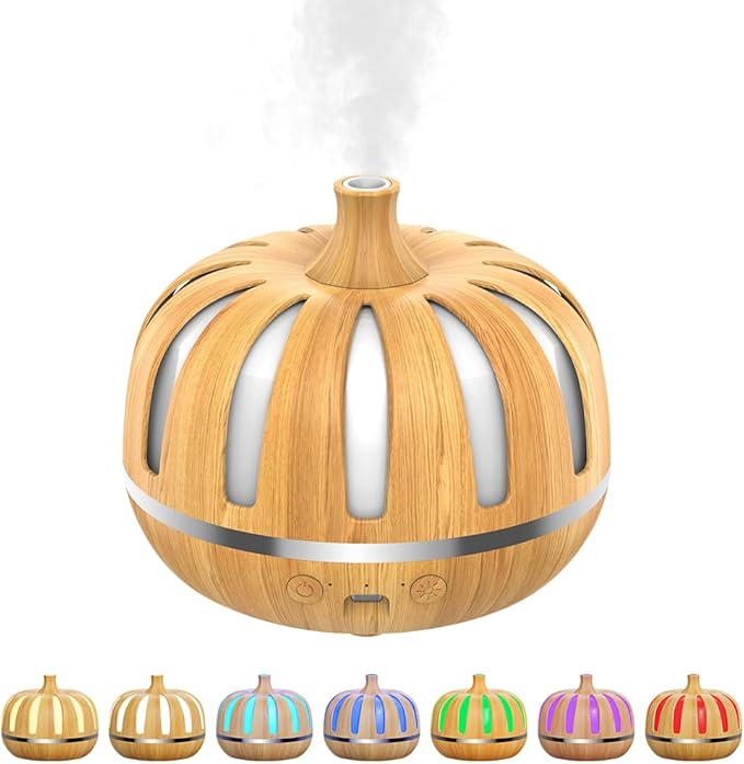 Essential Oil Diffuser 300ml for Home Bedroom, Aromatherapy Oil Diffuser with 3H 6H Timer, 7 Color Light, USB Type-C, Pumpkin Design, Auto Shut-Off(Light Woodgrain, Pumpkin)
