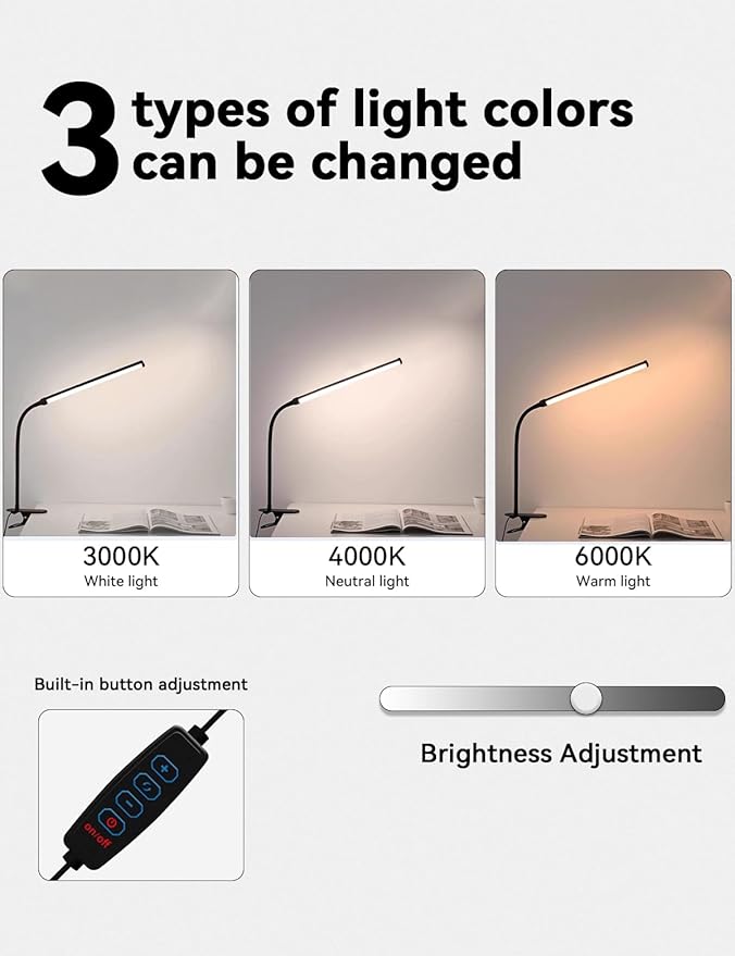 2 Pack LED Desk Lamp with Clamp,Eye-Friendly Clip on Lights for Home Office Study Reading,3 Modes 10 Brightness,Long Flexible Goose-Neck,Swing Arm Architect Task Table Lamps with USB Adapter