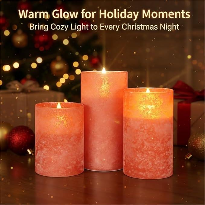 ANGELLOONG Orange Flameless Candles with Remote, Real Wax Battery Operated LED Pillar Candles for Christmas Decorations, Flickering Fake Fall Candles for Wedding Bathroom Kitchen Party Decor