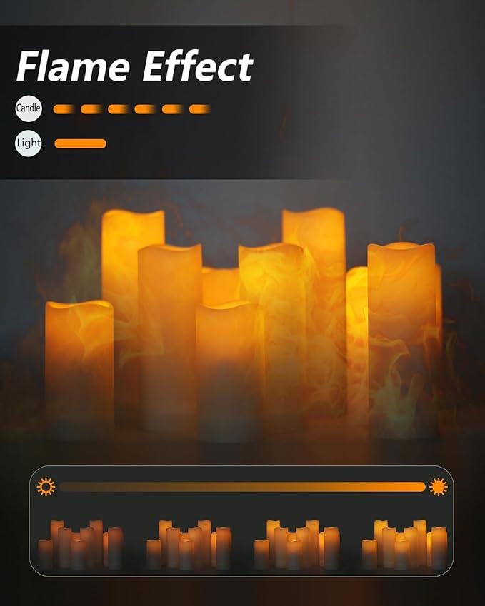 salipt Flameless Candles, LED Flickering Candles Set of 10 (H 4" 5" 6" 7" xD 2.2") Waterproof Candles, Resin Plastic, Indoor Outdoor Use,Ivory
