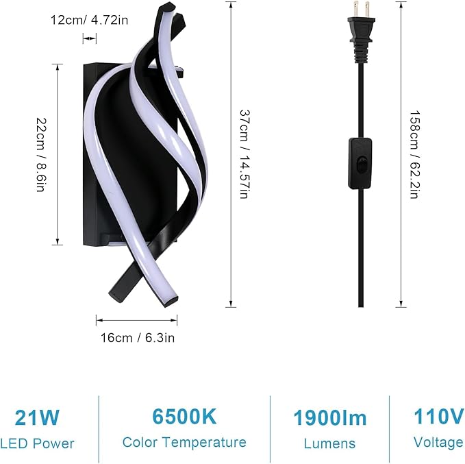 Modern LED Plug in Wall Sconce, 21W Black Indoor Wall Lights with Plug and Switch, Wall Lamps for Living Room, Bedroom, Hallway, Stairway, 6500K Wall Mounted Light