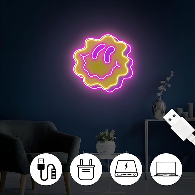 Smile Neon Sign, Dimmable UV Wavy Smiley Led Neon Lights for Wall Decor, Light Up Sign for Bedroom Living Room Studio Cafe Kids Room Creative Space Home Gift USB Powered