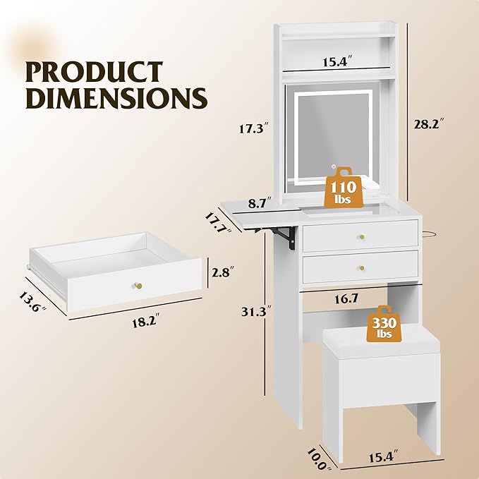 WLIVE Small White Vanity Desk with Mirror and Adjustable Lights, Makeup Vanity Set with Fold-up Panel and Chair, Vanity Table with Charging Station for Small Space, Bedroom