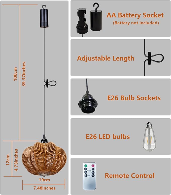 Battery Operated Chandelier Outdoor Waterproof, Gazebo Lights Battery Powered, Boho Rattan Hanging Pendant Light for Porch, Patio, Pergola, Garden, Balcony (2 Pack)
