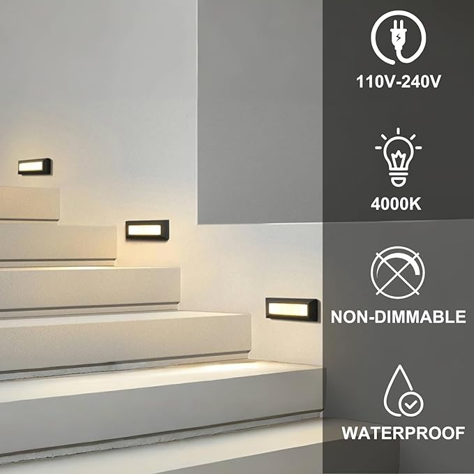 ZONK LED Step Lights 110V-240V Line Voltage, 3W 4000K Non-dimmable Waterproof IP65 Outdoor Stair Lights for House (1 Pack)