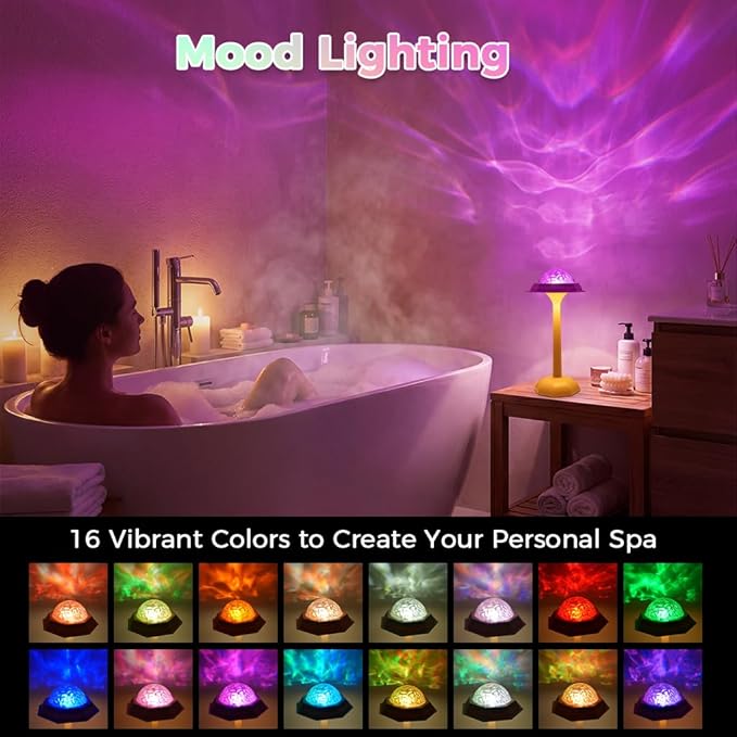 RICHMYC Waterproof Shower Lamp with Remote, 16 Colors Ocean Wave Projector Lamp for Bathroom, Cordless Rechargeable Night Light, Ambient Mood Lighting for Inside Shower, Bathtub, Spa