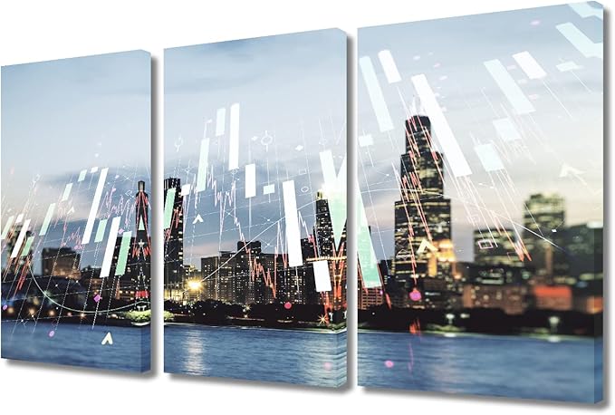 Chicago Skyline Background Forex and Investment Concept Pictures Wall Art 3 Panel Abstract Virtual Financial Graph Hologram Paintings for Living Room Bedroom Bathroom Office Ready to Hang (36"Wx24"H)