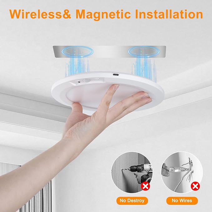 Rechargeable Motion Sensor Ceiling Light with 5 Colors and Remote, Battery Operated LED Shower Light, Magnetic Wireless Closet Light for Bathroom Hallway