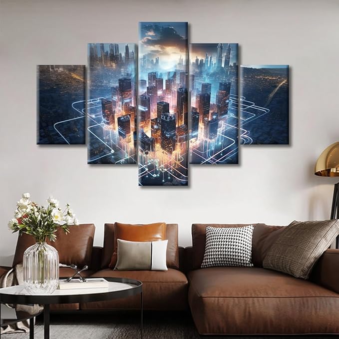 5 Piece Artificial Intelligence Concept Wall Art for Living Room Massive Brain Powering a Futuristic City Painting on Canvas Wall Decor Art Modern Bedroom Wall Art Framed Ready to Hang, (60"Wx40"H)
