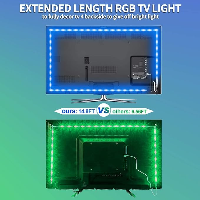 MY BEAUTY LIGHT LED Lights - 14.8ft RGB LED Strip for 60-70in TV, 4096 DIY Colors Options, Smart Ambient Lighting for Bedroom & Gaming Room Decor