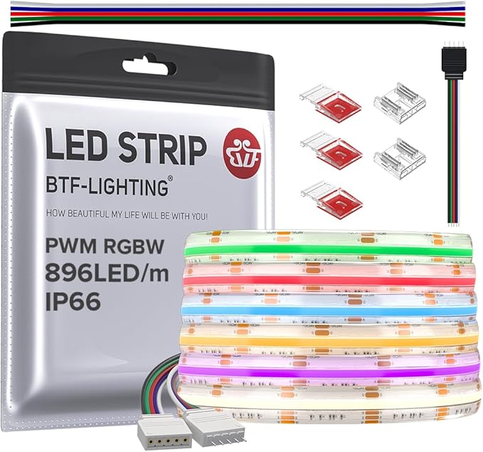BTF-LIGHTING FCOB IP66 RGBW 4000K COB LED Strip 16.4FT DC24V Color Changing Flexible High Density Multicolor Light 12mm Width for Home Indoor Decor(No Adapter or Controller)