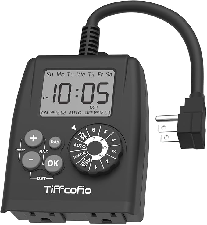 TiFFCOFiO Digital Outdoor Timer Outlet, Dial Programmable Method, Outdoor Light Timer Waterproof, 2 Grounded Electrical Outlets for Pool Pump, 6 Sets of Programs, 15A/1875W (1 Pack)