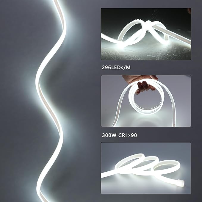 AC 110V COB LED Strip Lights 98.4ft, 6000K Cool White LED Rope Light Outdoor Waterproof, 10W/M CRI 90+ Flexible Cuttable, for Bedroom, Living Room, Garden, Commercial, House