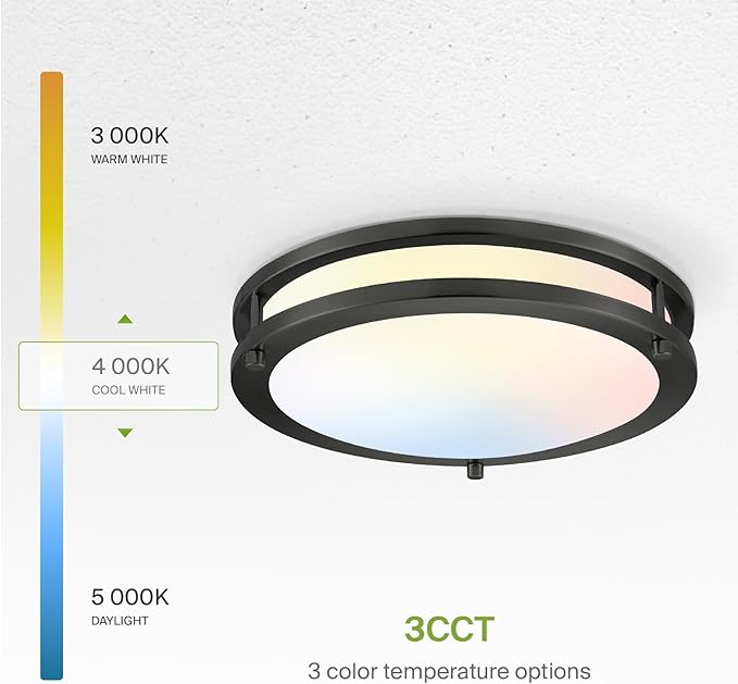 ASD LED 12" Round Flush Mount Lighting, Close to Ceiling Light Fixture | 3CCT, Dimmable, Energy Star, ETL Listed | 20W 1532LM 3000-5000K 120V | Low Profile Double Ring Lamp | Black