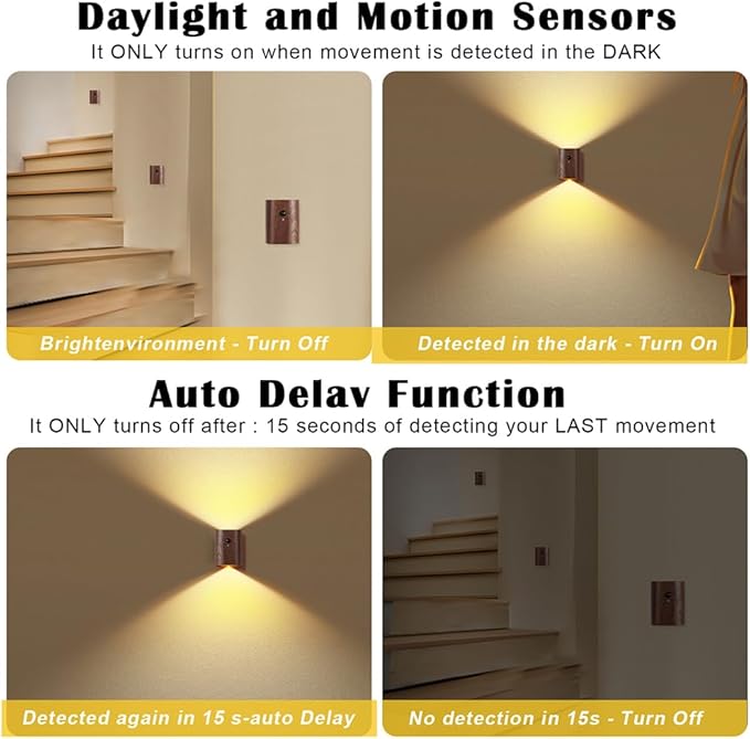 LANDGOO 2-Pack Wood Step Light with Motion Sensor, Rechargeable Stair Night Light Set, Sapele Wood 2700K Warm White LED Wall Lamps, Easy No-Wire Installation for Hallway Bedroom Staircase